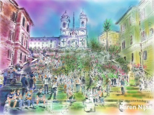 Veel mensen op de kleurrijke Spaanse Trappen in Rome
