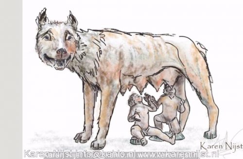 Wolf voedt Romulus en Remus