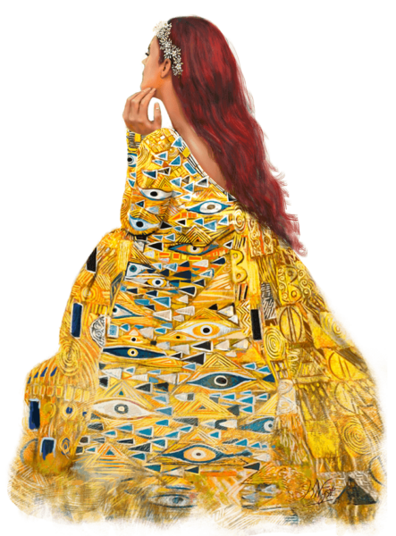 Uitsnede van mijn tekening van een roodharige dame in een Klimt-jurk