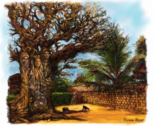 Zangers in book, mythe Baobabboom en griots