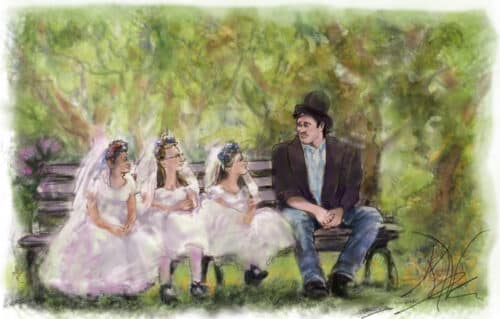 Fantasie, trouwen. Drie kleine meisjes in trouwjurk kijken naar een zwerver met hoge hoed