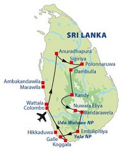 Plattegrond, lanskaart Sri Lanka met reisroute