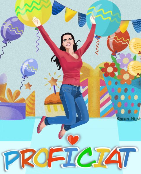 Springende vrouw met op de achtergrond ballonnen en cadeautjes
