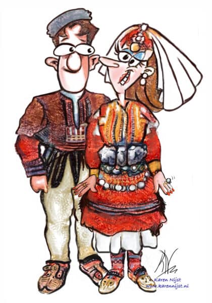 cartoon, bruidspaar in Galicnik in klederdracht