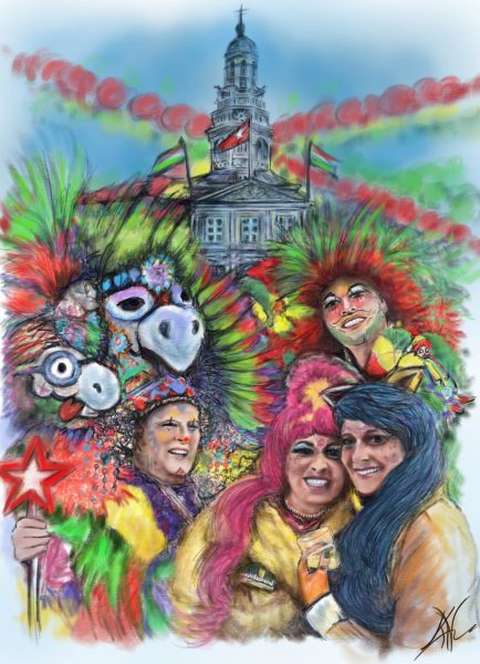 Carnavalstekening compilatie op de markt met op de achtergrond het stadshuis