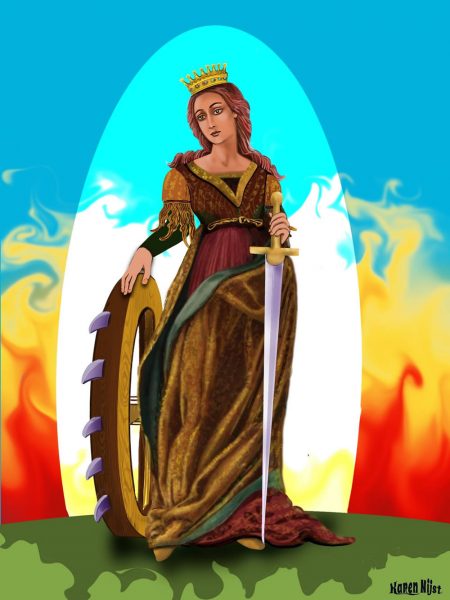Sint Catharina met rad, zwaard en op de achtergrond een vuurzee