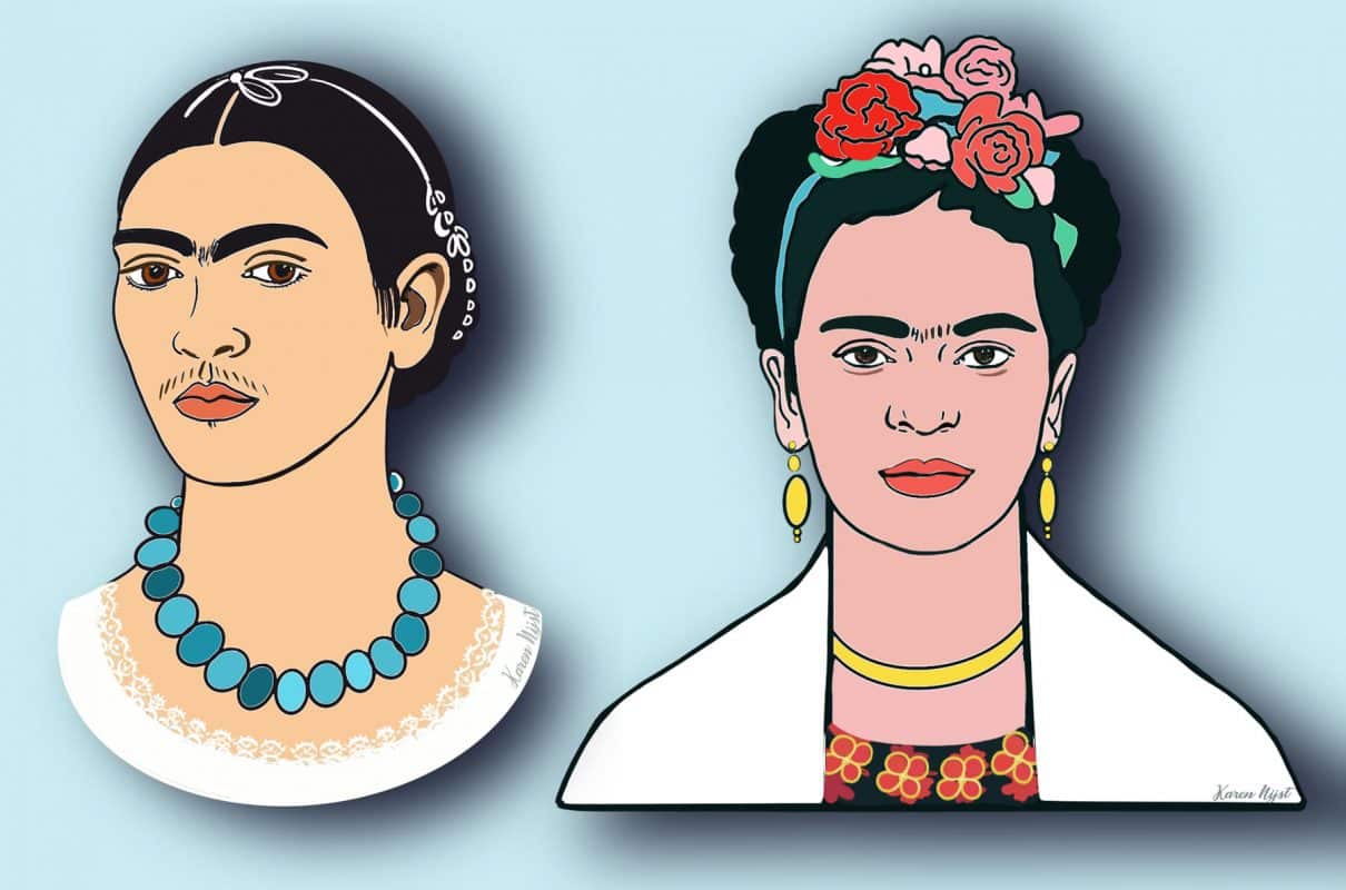 Zelfportret van Kahlo en portretfoto van Muray uitgewerkt in een tekening