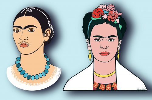 Zelfportret van Kahlo en portretfoto van Muray uitgewerkt in een tekening