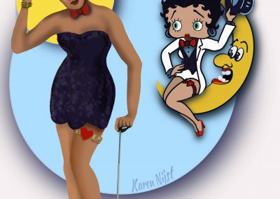 Esther Jones met op de achtergrond Betty Boop, zittend op de maan