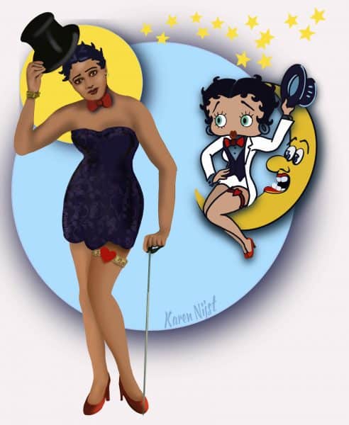 Esther Jones met op de achtergrond Betty Boop, zittend op de maan