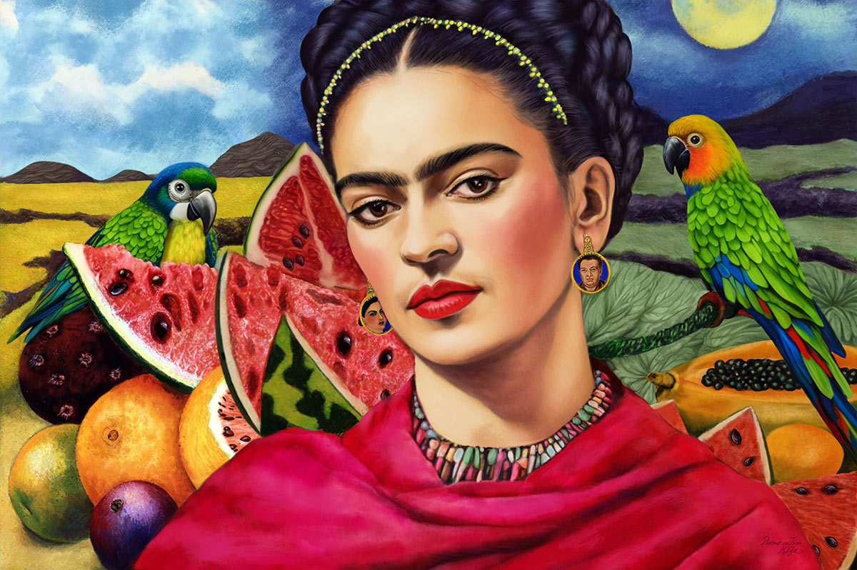 Alhoewel verschillende elementen zeker herkenbaar zullen zijn, blijft dit een fantasietekening en ik heb alles naar eigen gevoel getekend en gekleurd. De papegaaien die je hier ziet, zul je niet op het werk van Frida Kahlo terugvinden, alhoewel zij vaak papegaaien (en andere exotische) dieren heeft geschilderd.