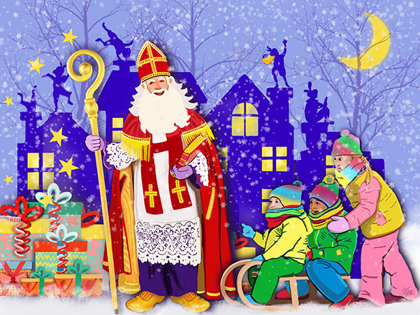 Tekening van Sinterklaas met 3 kinderen op een slee en op de achtergrond silhouetten van dansende pieten op Amsterdamse gevels