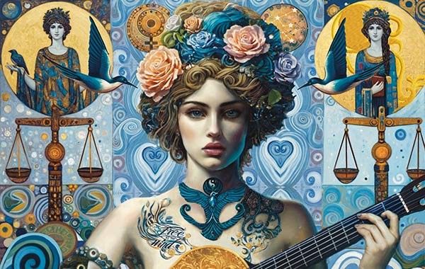 Detail Grafische tekening van een vrouw met gitaar, tattoos en bloemen in het haar. Op de achtergrond zie je verschillende symbolen die in het teken staan van de Waterman