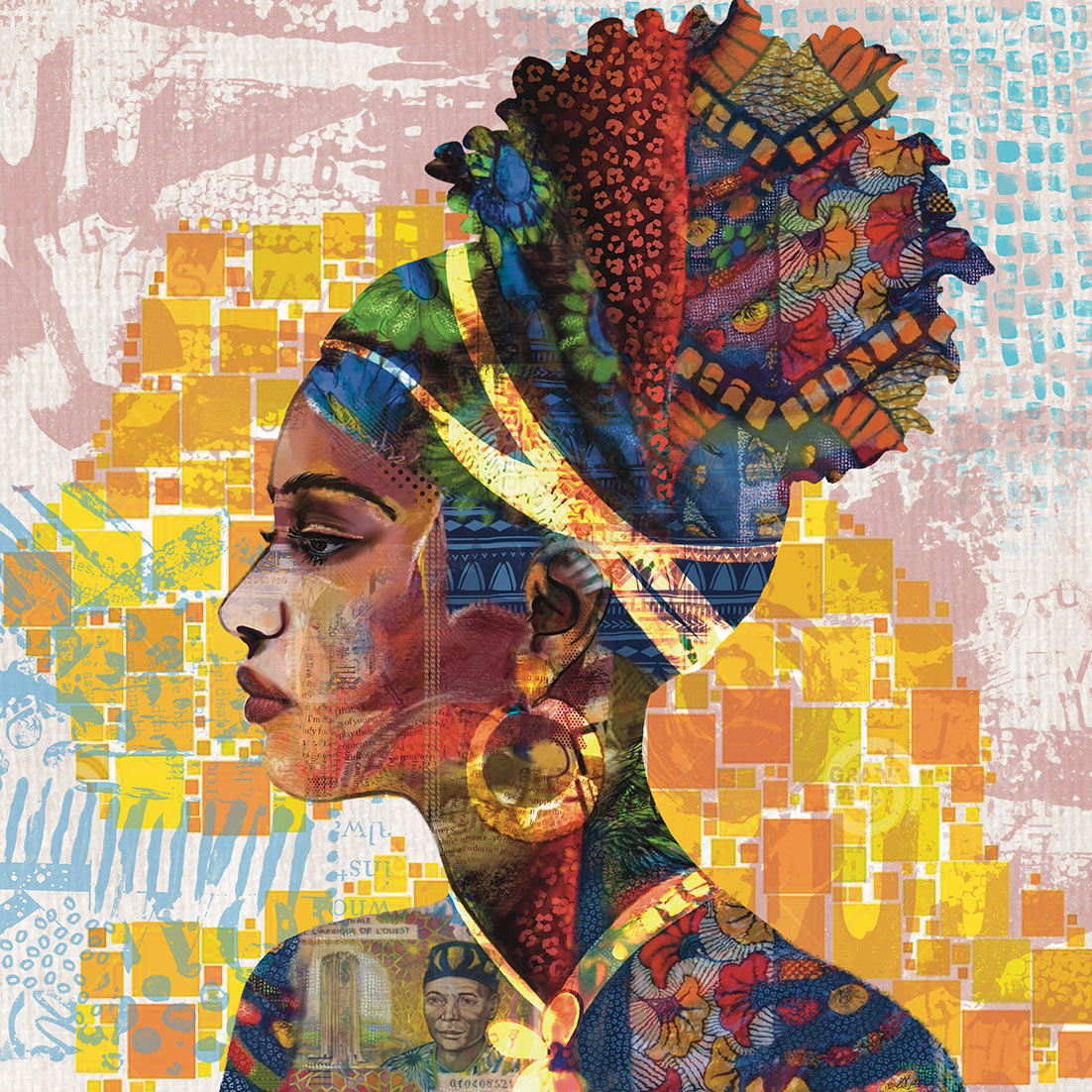 African Lady with headwrap Senegal (Mixed Media)