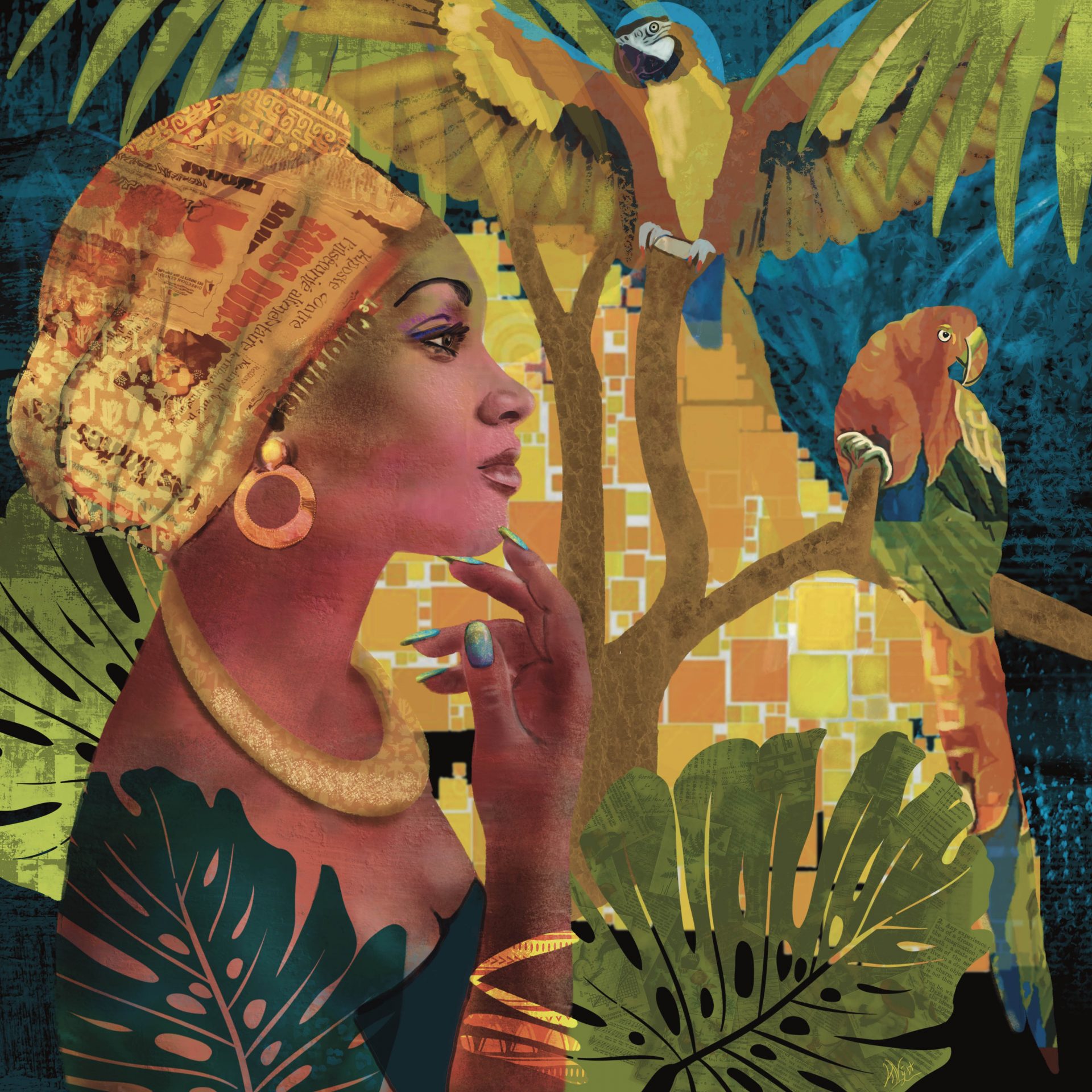 African Lady with Parrot (Mixed Media)