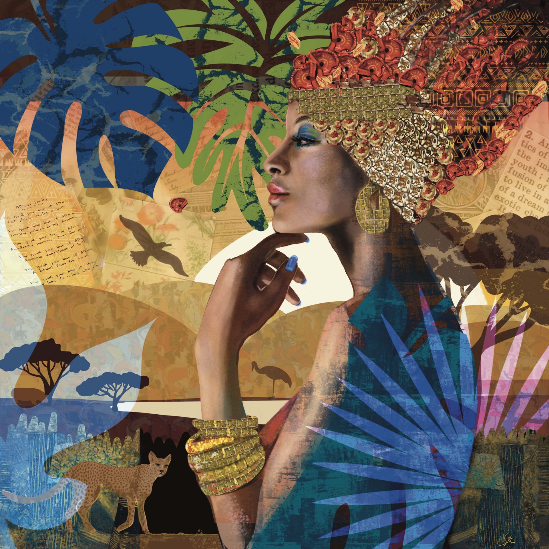 African Lady with Cheeta (Mixed Media)