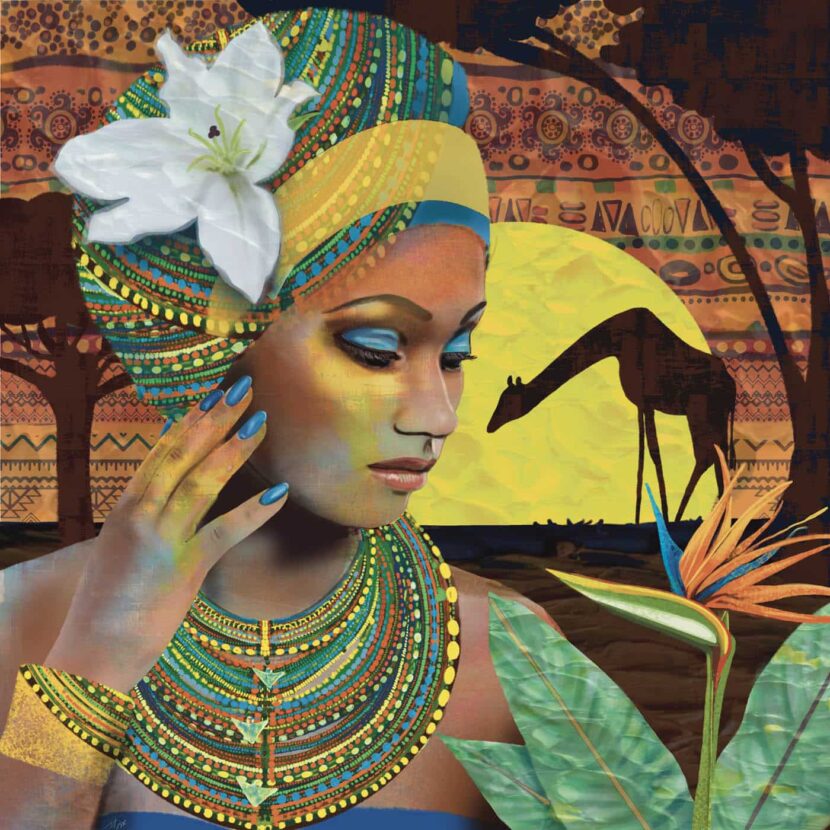 African Lady with headwrap and Bird's Beak Flower