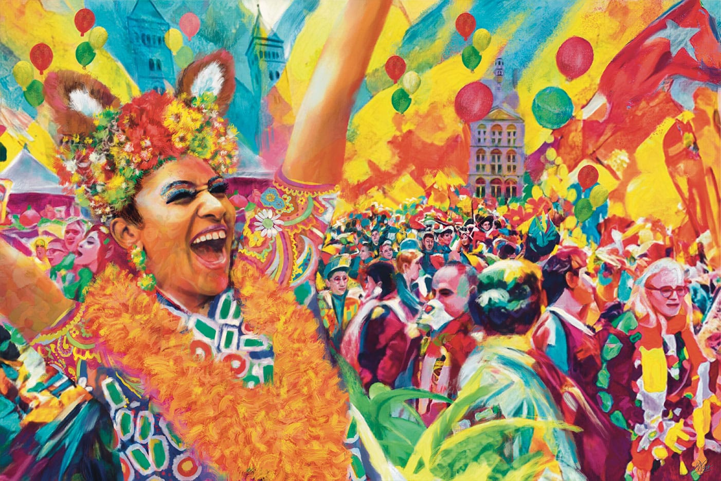 Carnaval in Maastricht. Feestvierders voor Sint Servaaskerk en Dinghuis.