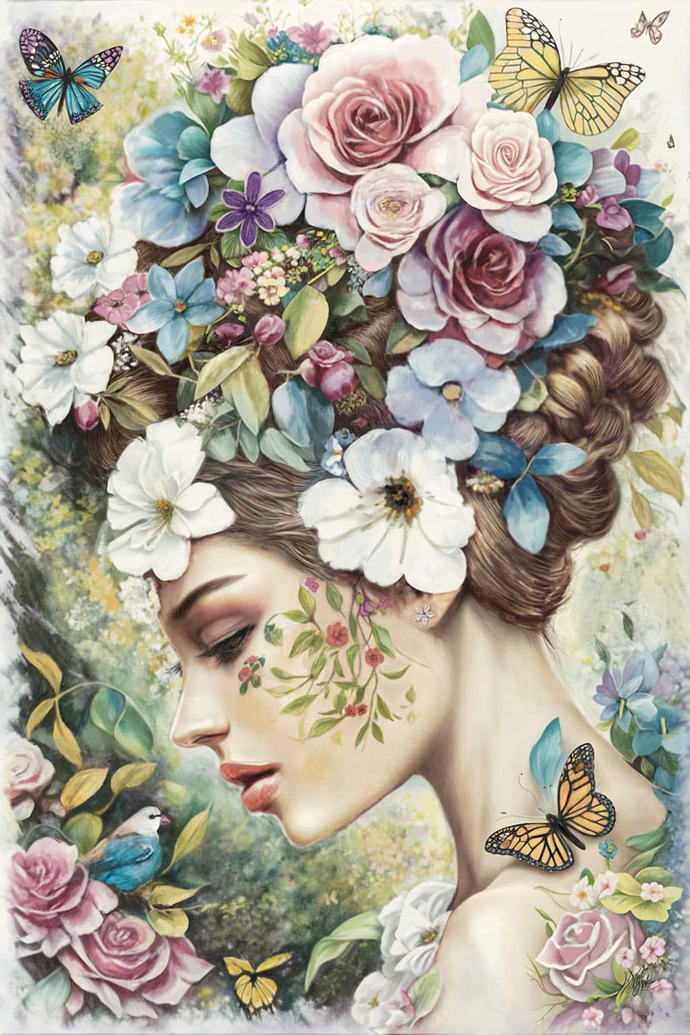 En het werd zomer, vrouwenportret met vlinders en bloemen
