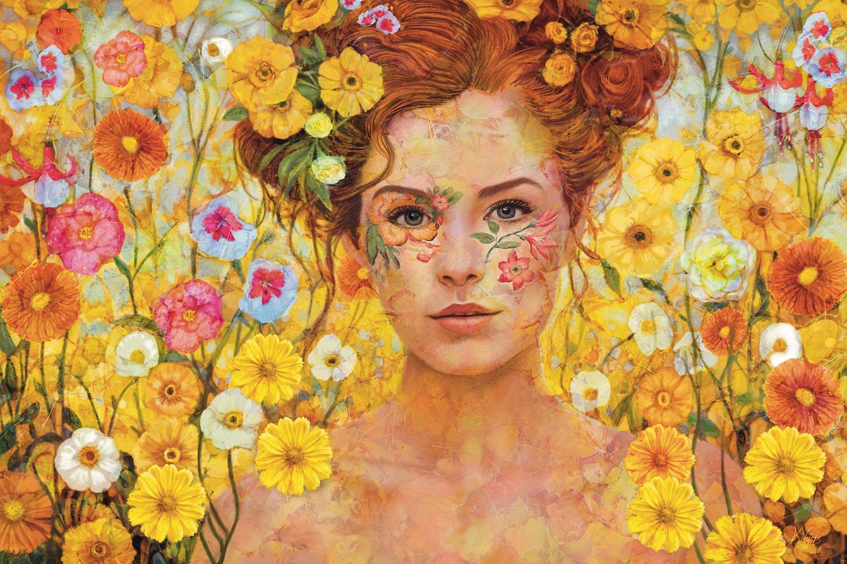 Vrouwenportret met gele bloemen liggend formaat 2:3