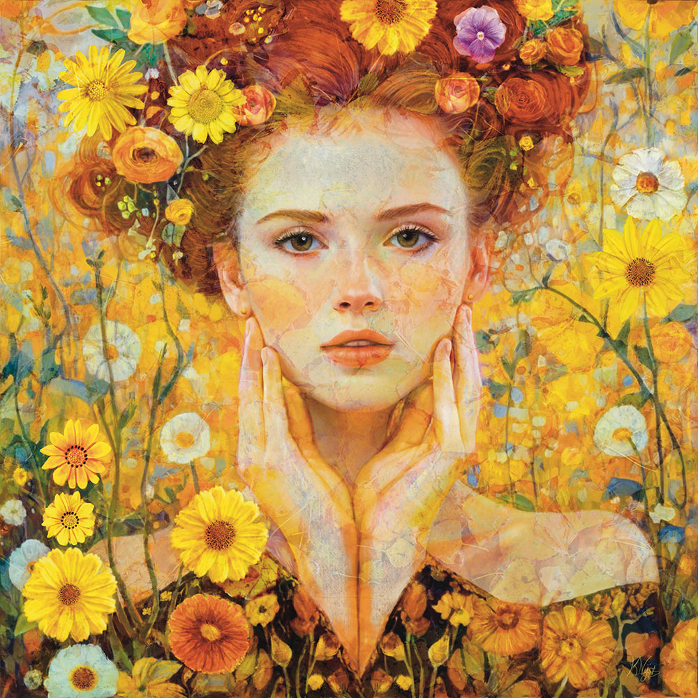 Vrouwenportret met zomerse gele bloemen I, vierkant formaat